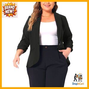 Plus Size Blazer 3/4 Ruched Sleeve Open Front Lightweight Work Office Jacket